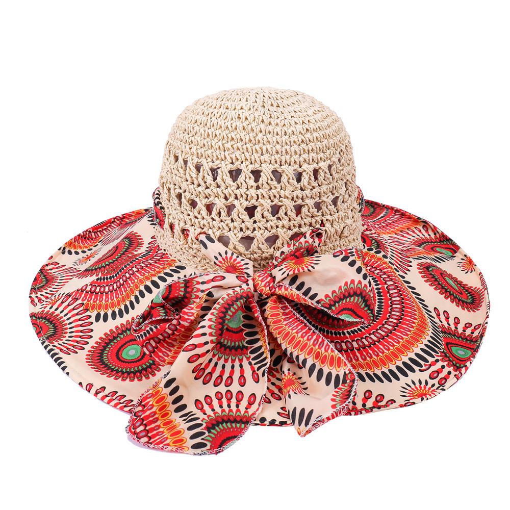 Fashion Sun Hat For Women Holiday Beach Straw Hat Female Hollow Printed Bow Summer Big Brim Hat Fold Uv Protection Floppy Hat