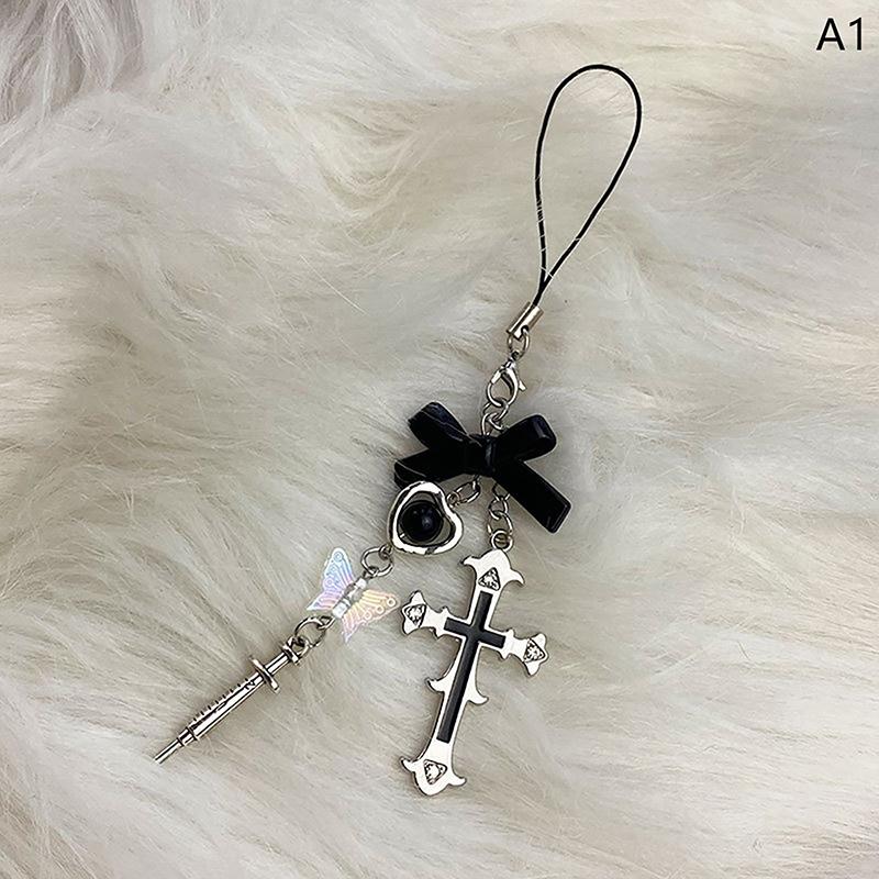 Black Punk Y2K Phone Pendant Chain Cool Girl Sweet Charm With Cross Butterfly Accessories For Phone Bag Lanyard Keychain