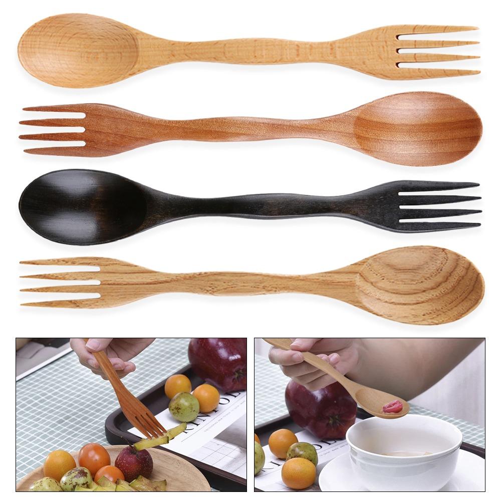 Cutlery Dinner Fruit Spoon Fork Natural Wood 2 In 1 Dual Head