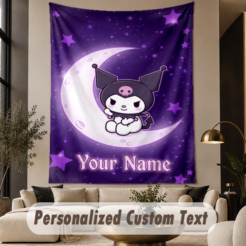 Custom Text Printed Tapestry Kuromi Pattern Large Wall Hanging Indoor Room Decor
