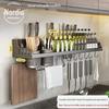 Punch-Free Wall-Mounted Kitchen Storage Rack: Seasonings, Chopsticks, and Knife Holder.