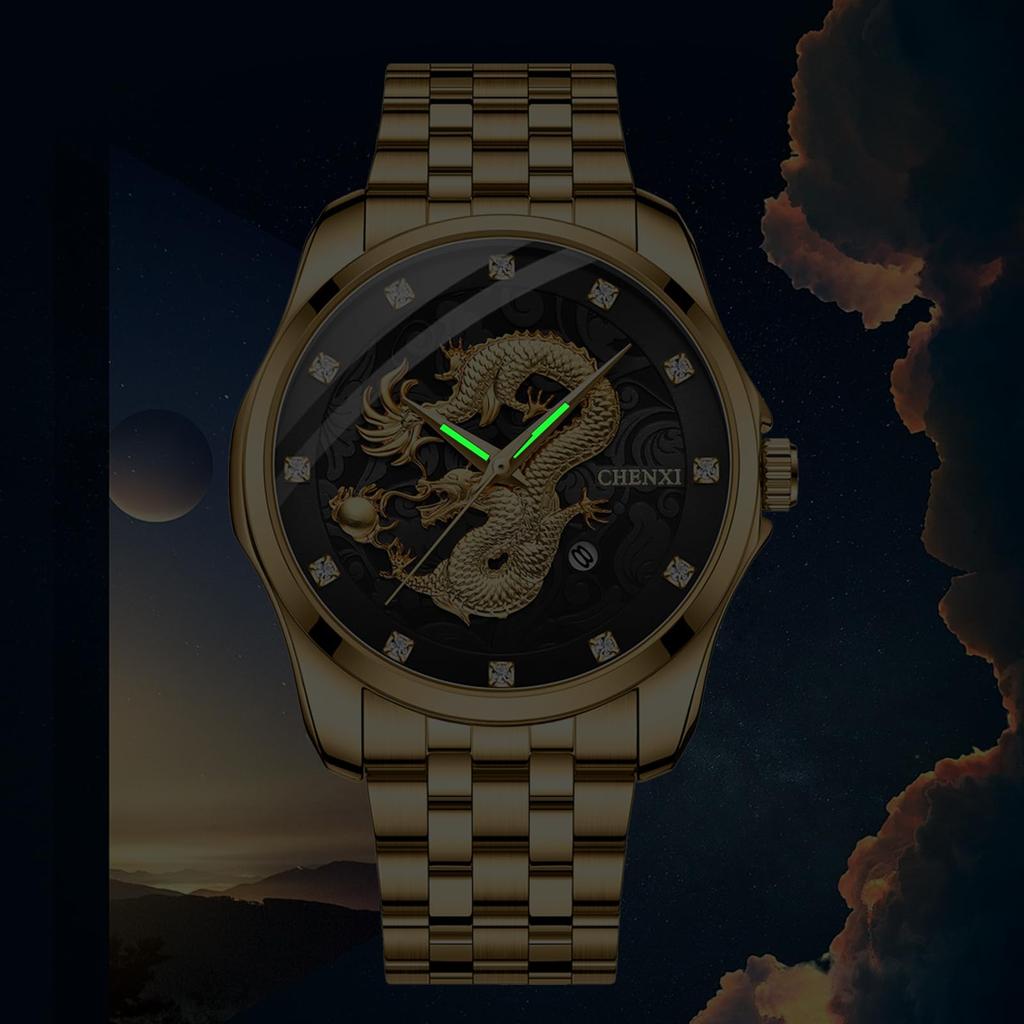 Dragon Stainless Steel Gold Analog Waterproof Quartz Fashion Watch In Gold Perfect Gift for Day Men's Watch Display, Calendar, Watch, - Birthdays,