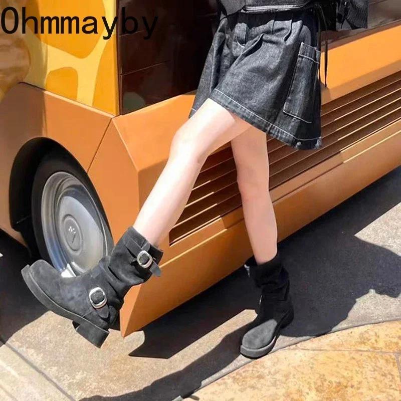 Fashion Retro Style Women Motorcycle Boots Fashion Metal Buckle Platform Heel Short Booties Winter Comfort Women's Footwear