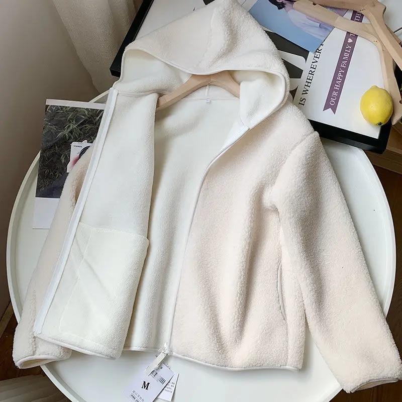 Autumn Winter Imitation Lamb Wool Coat Women Warm Polar Fleece Thicken Hooded Short Outerwear Woman Loose Cardigan Tops