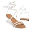 2021 Summer European and American Foreign Trade Rhinestone Flat Sandals Women's Winding Belt Women's Shoes Strappy Sandals