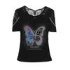 Summer New Sexy Off Shoulder Lace T-Shirt Women's Shiny Butterfly Hot Diamonds Designer Tops Elegant Slim Female Tees