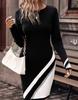 Crew Neck Knee Length One Long Sleeve Women Dress Retro Easy Care Polyester Sheath Striped Spring