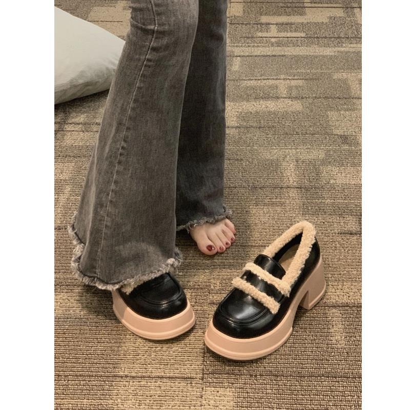 Толстая подошва, усиленный нескользящий толстый каблук, новые маленькие кожаные туфли, женские осенне-зимние туфли Мэри Джейн, водонепроницаемые, белые, бархатные, модные