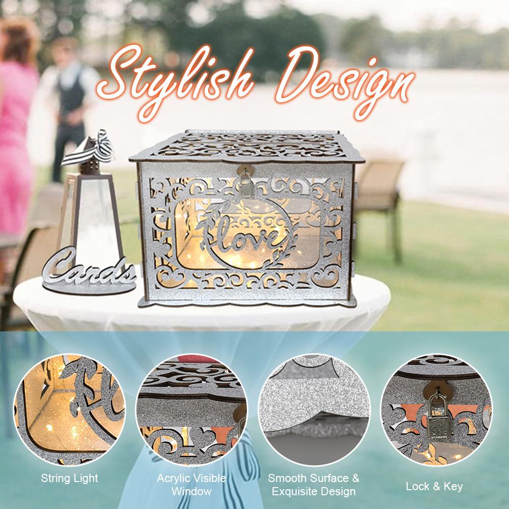 Коробка для свадебных открыток для свадебного приема. Блестящие деревянные коробки для карточек с табличкой/замком и веревкой.