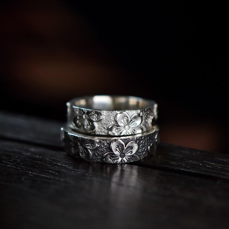 Handcrafted Cherry Blossom Engraved Adjustable Ring Women Men Vintage Boho Floral Open Band Sterling