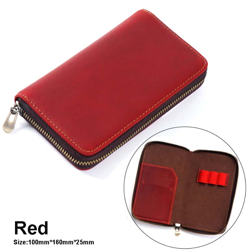 AIGUONIU Retro Style Large Capacity Card Storage Stationery Case Pouch Cowhide Zipper Pen Case Pencil Bag with Leather Material