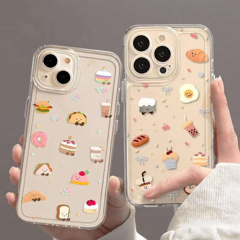 Cute Cartoon Food Dessert Case for iPhone 17 16 15 14 13 12 11 Pro Max Kawaii Milk Tea Burger Clear Shockproof Soft TPU Cover