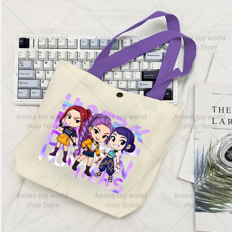 KPop Demon Hunters GIRLS Canvas Shopping Bags Women Cotton Tote Bags Reusable Cartoon Letter Shoulder Bag Grocery Handbag Beige