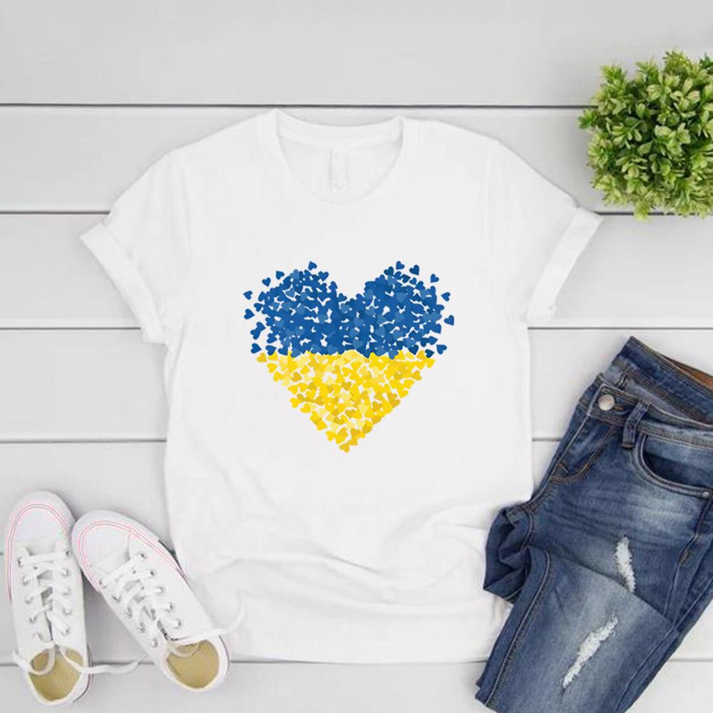 Футболка с флагом Украины Футболки с рисунком сердца Украины Женские футболки с коротким рукавом и круглым вырезом Футболки с надписью «Любовь и мир» Женская одежда