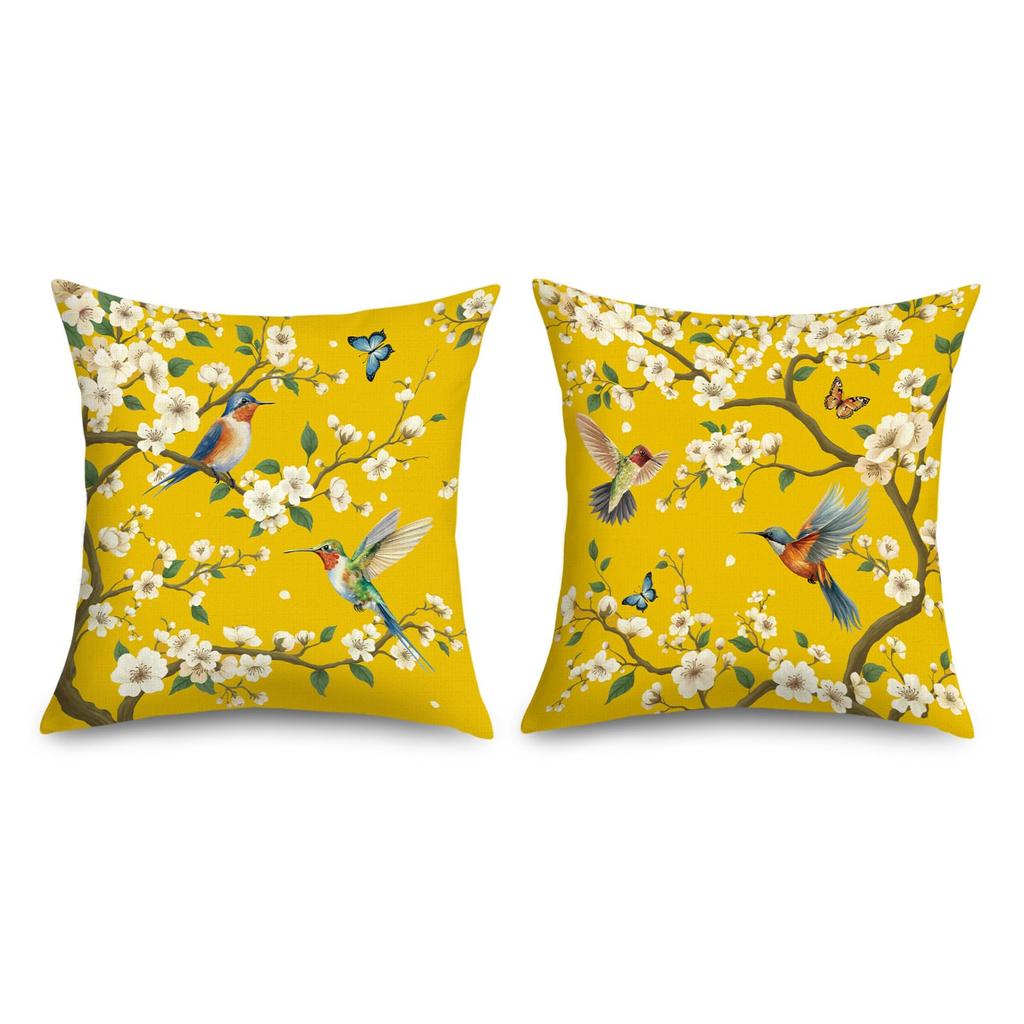 2 Pack Yellow Hummingbird Bird Pillow Covers Double Sided Print Floral Butterfly Cushion Cases Home Decor