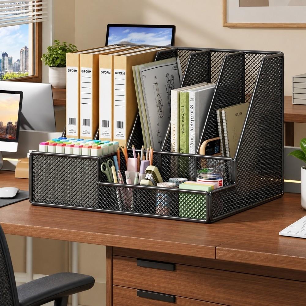 3 Or 4 Slot Metal Desktop File Folder with Pen Holder Desktop Book Rack  Desk Organization