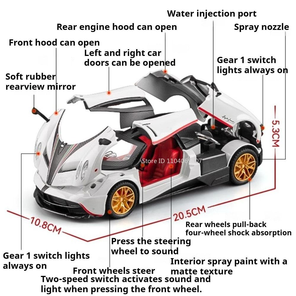 1:24 Huayra Senna Игрушечная Машинка Спрей Модели Суперкаров Металл Литье под Давлением Двери Открываются Рулевое Управление Передним Колесом Амортизация для Детских Подарков