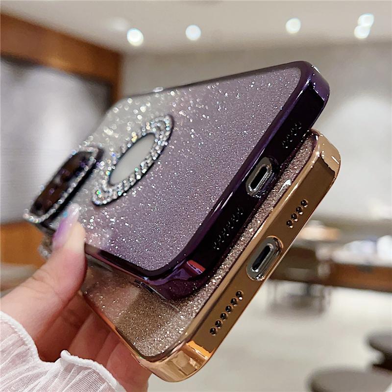 For iPhone 15 Pro Max Luxury Plating Gradual Flash Diamond Frame Phone Case For iPhone 11 12 13 14 16 Plus Lens Protective Cover