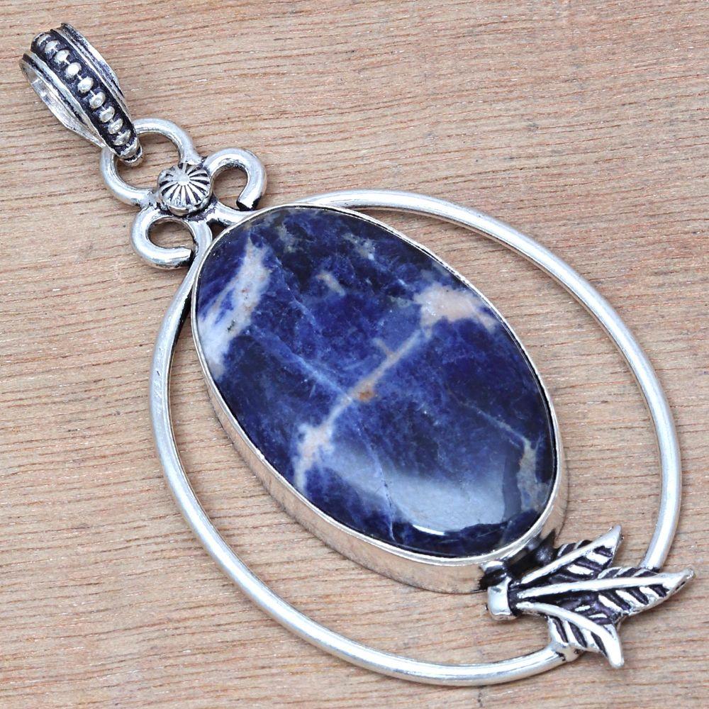 Necklace Blue Sodalite Gemstone Handmade Antique Silver Jewelry 2.5"