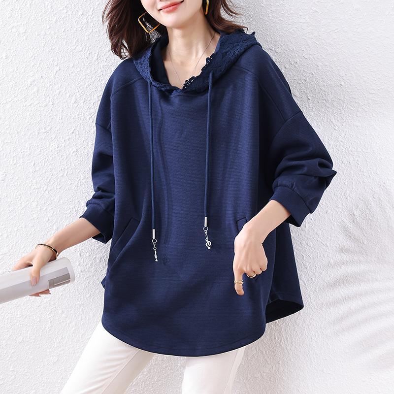 Dimanaf 2024 Плюс Размер Осень Однотонная Футболка Женская Новая Кружевная Капюшонная Пуловер Длинный Рукав Свободные Модные Топы Футболки