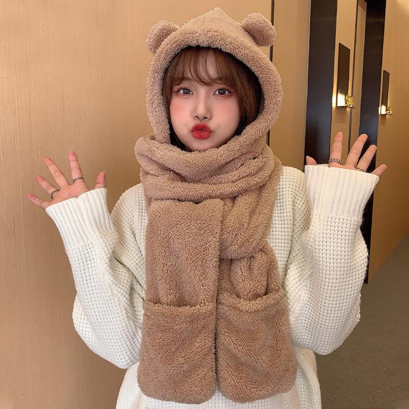 Winter Women One Piece Scarf Cap Winter Thick Warm Hat Scarf Gloves Windproof Anti-cold Girls Cartoon Bear Lamb Fleece Beanie