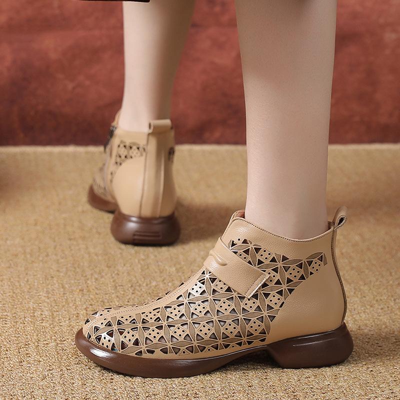 Модные летние ботильоны GKTINOO 2025, обувь из натуральной кожи, женские сандалии на низком каблуке, ботинки на боковой молнии с вырезами, дышащие, Mujer Zapatos