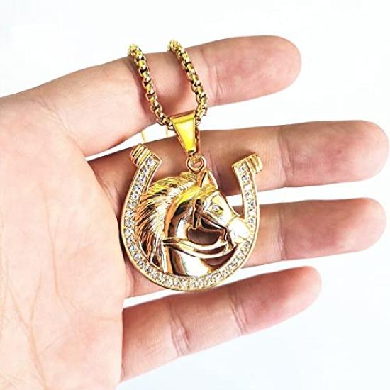 Pendant Top Necklace Surgical Stainless Steel 316L Golden Horse Emblem Golden Horseshoe Hizume Horse Choker Horse Racing Racehorse STT760 [Green