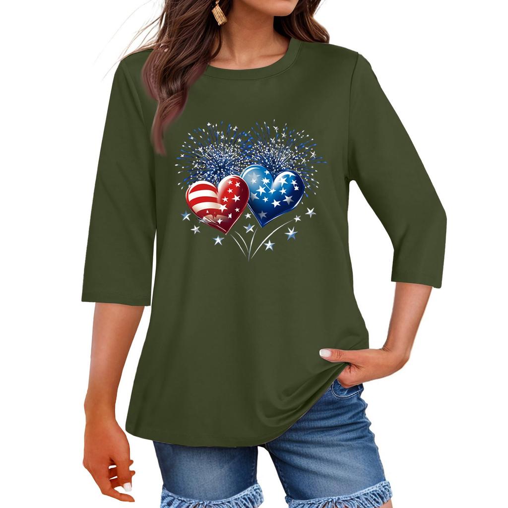Women's Print Round Neck Top With Three Quarter Sleeves T-Shirt Three Quarter Sleeves T-Shirt