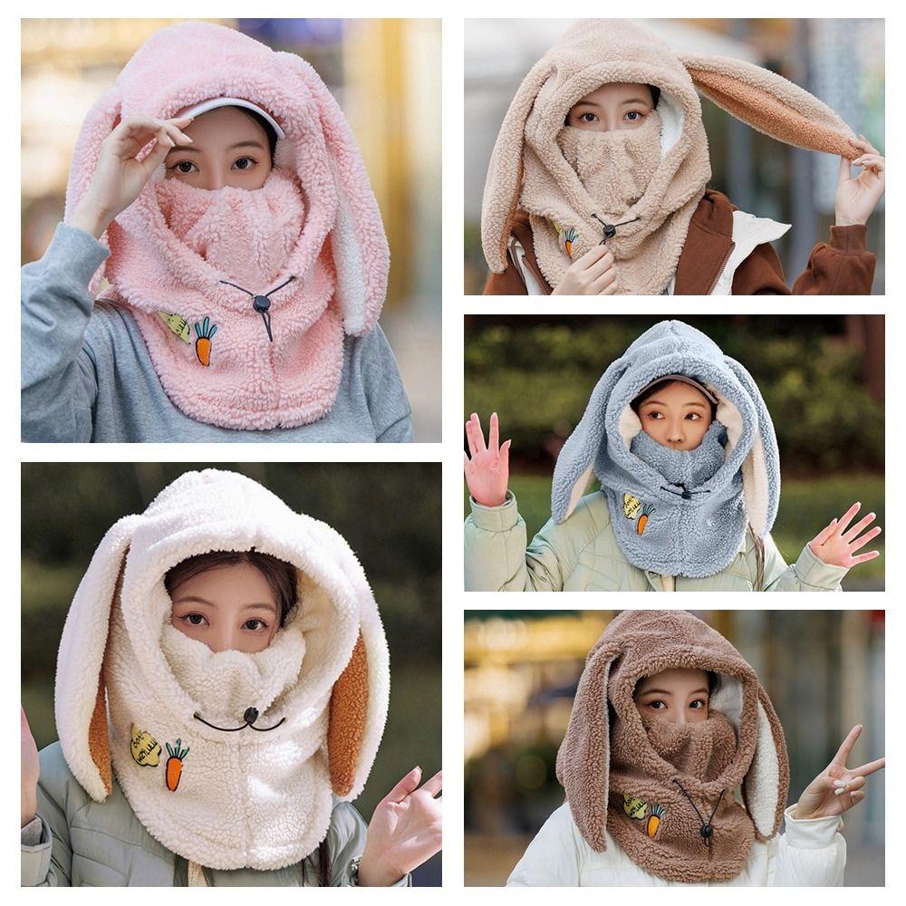 Solid Color Masks Hood Beanies Cartoon Helmet Hat Casual Rabbit Ear Balaclava Hat  Female