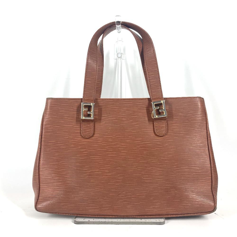 FENDI vintage FF logo Tote Bag Shoulder Bag Hand Bag Leather Brown