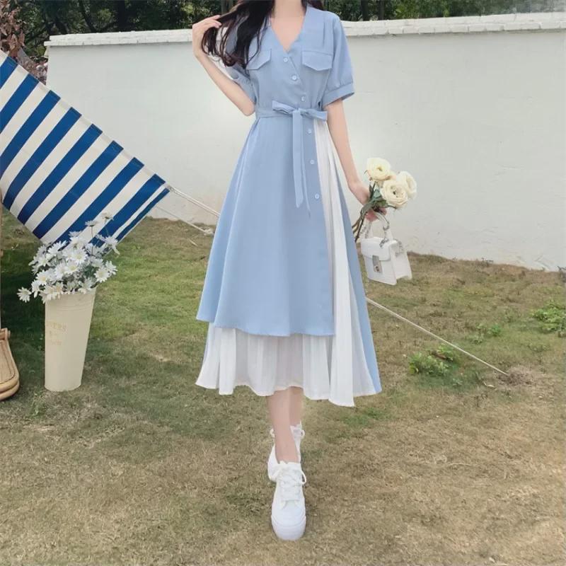 Элегантное платье-рубашка из двух частей с V-образным вырезом - летняя длинная юбка с французским литературным принтом