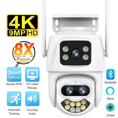 Новая 9-мегапиксельная 4K IP-камера с тремя объективами, WiFi, для улицы, 8-кратный зум, двойные экраны, PTZ-камеры, ИИ-автотрекинг, CCTV-камера безопасности, приложение iCSee