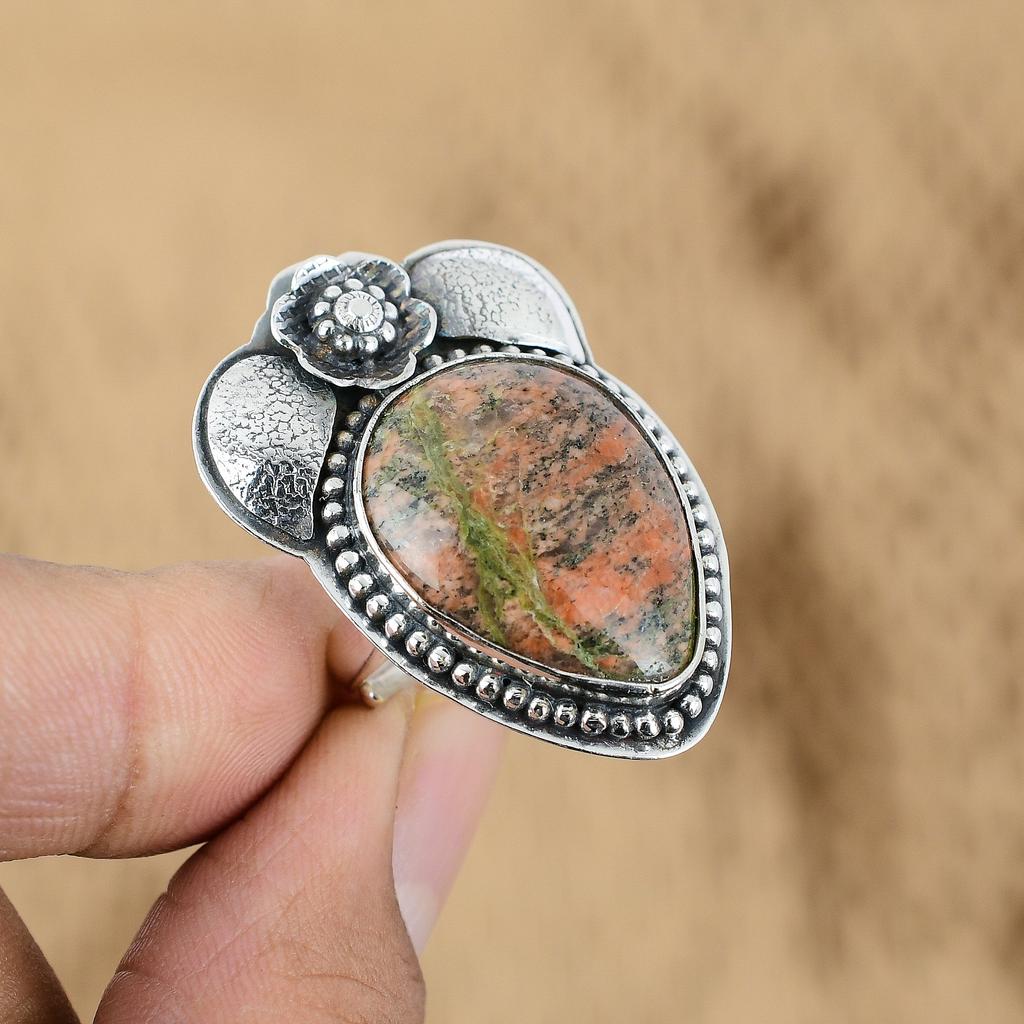 Natural Unakite Gemstone 925 Silver Multi Stone Flower Adjustable Ring For Girls