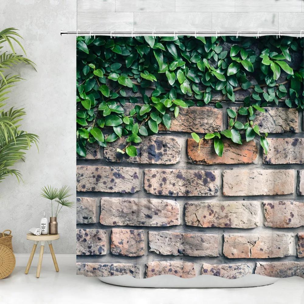 Rustic Red Brick Wall Ivy Shower Curtain Vintage Stone Wall Green Vine Plant Print Waterproof Fabric Bathroom Curtain Home Decor