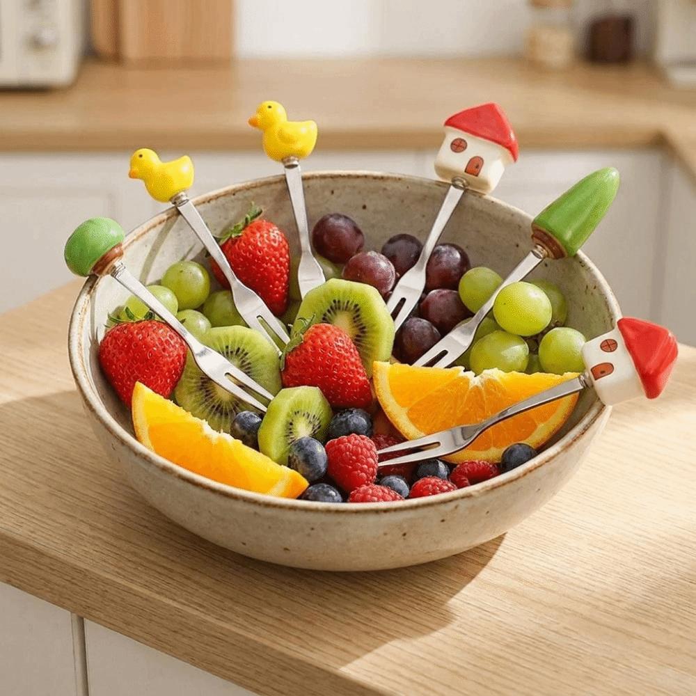 6Pcs Reusable Fruit Dessert Fork Cartoon Cute Fruit Forks Stainless Steel Cake Fork Party Tableware