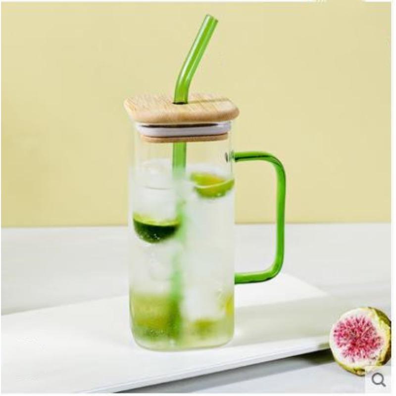 High Value Glass Straw Cup with Cover Square Color Handle Transparent Glass Milk Tea Flat Bottom Single Layer Cup