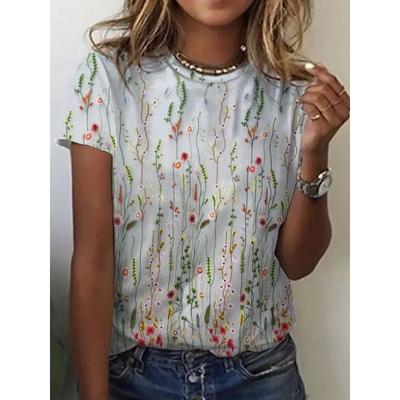 Летний топ с круглым вырезом и 3D-цветочным принтом, модные повседневные женские футболки с короткими рукавами