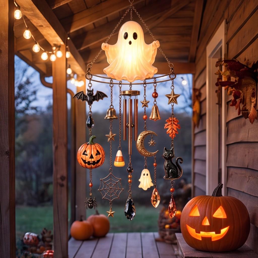 Glow-in-the-Dark Ghost Halloween Wind Chime with Pumpkin Bell Accents Spooky Hanging Ornament for Outdoor Porch Garden Yard Decor