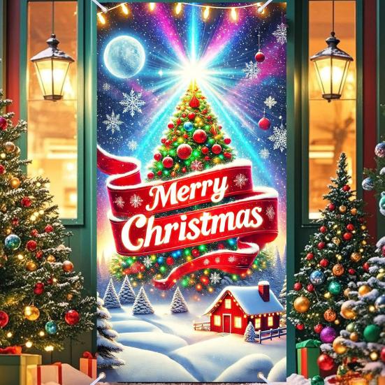 Fluorescent Christmas Door Cover 71x35 Inch Glow In The Dark Door Banner with Santa Tree Gift Box for Winter Front Door Party Wall Decor