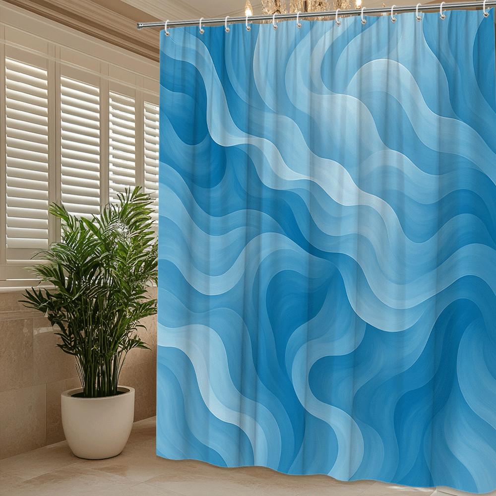Blue Wave Pattern Shower Curtain Machine Washable All Season Waterproof Privacy Protection Abstract Design Modern 12 Hooks