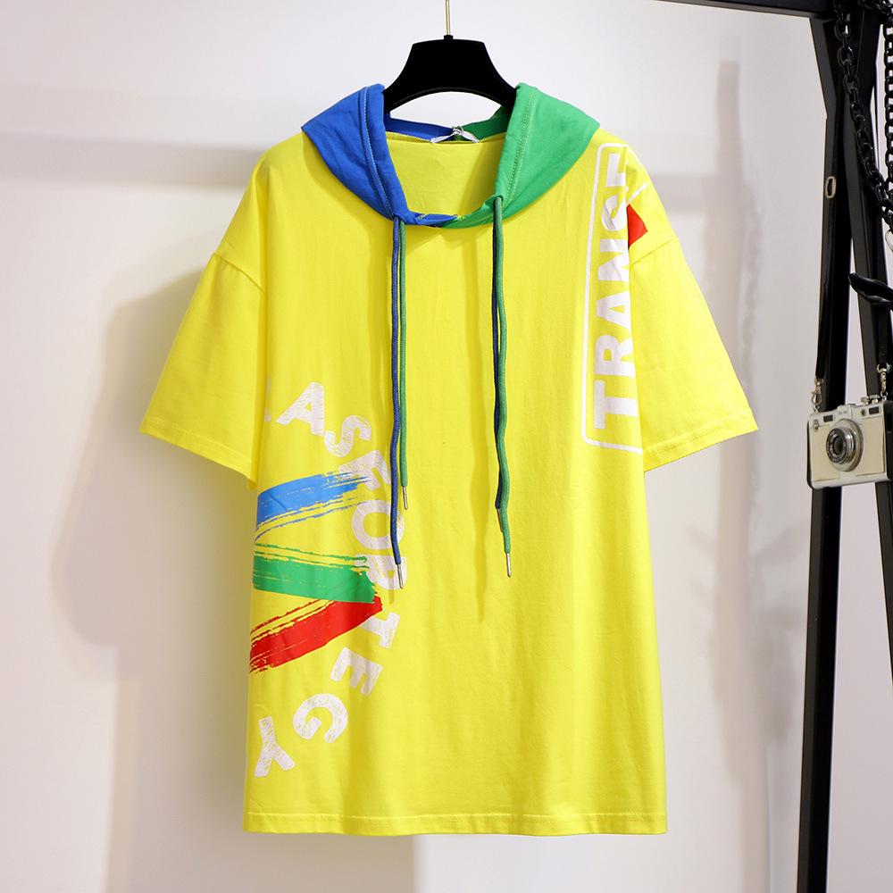 Женская летняя футболка с капюшоном и коротким рукавом больших размеров, свободный топ с цветными блоками в стиле граффити