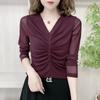 Spring and Autumn New V-neck Pleated Mesh Long-sleeved T-shirt Women's Tops Foreign Feminine Stretch Base Shirt