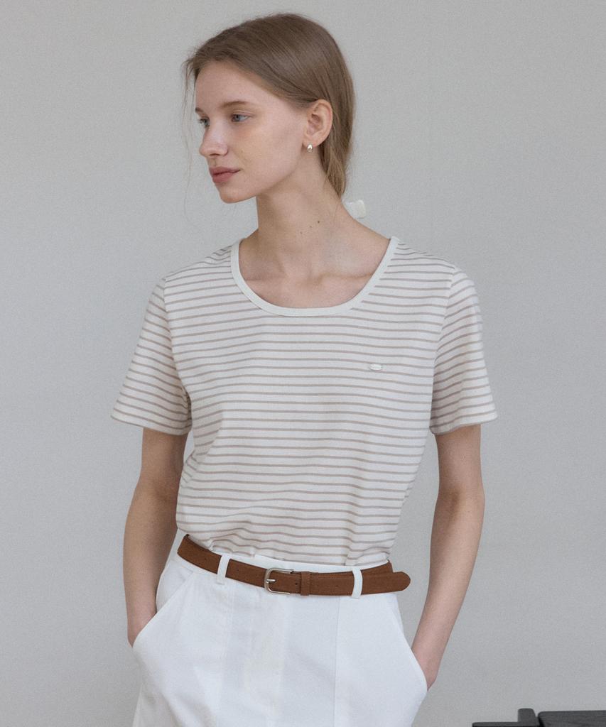 OURHOPE Logo Striped U-Neck T-Shirt - Beige