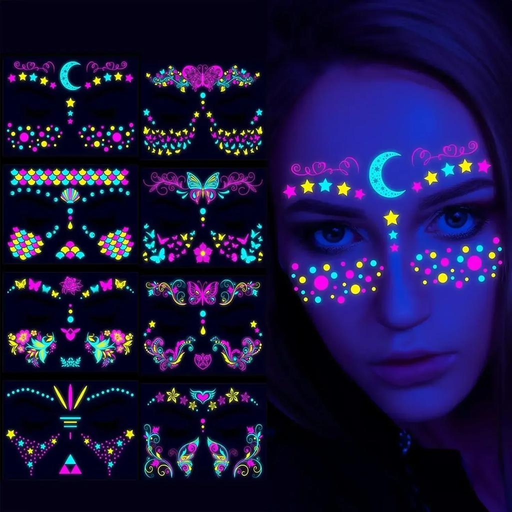 New Glow The Dark Tattoos Stickers Fake Face Temporary Tattoos Makeup UV Neon Floral Body Paint Tattoo Stickers Decorations