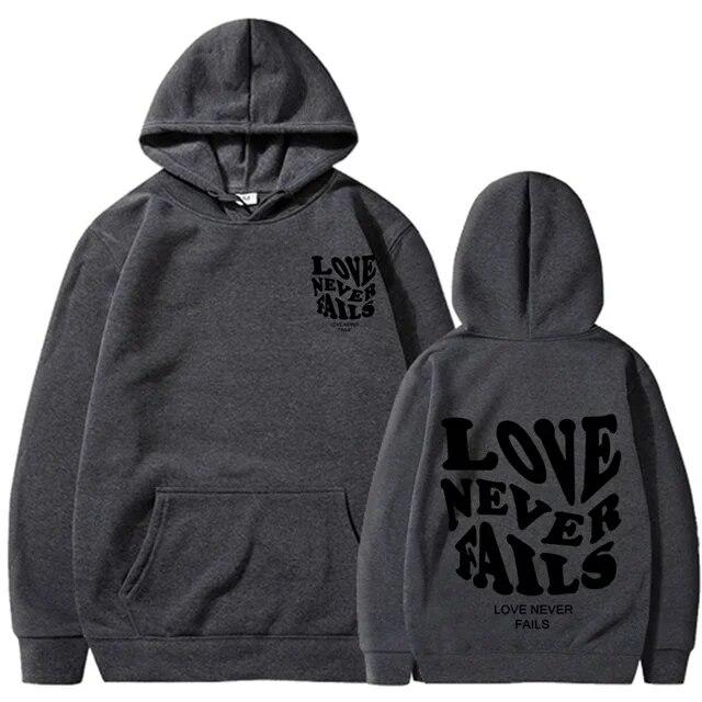Love Never Fails Print Letter Hoodies Unisex/Women Sweatshirt Black Autumn Vintage Oversized Harajuku Loose Tops Casual Pullovers