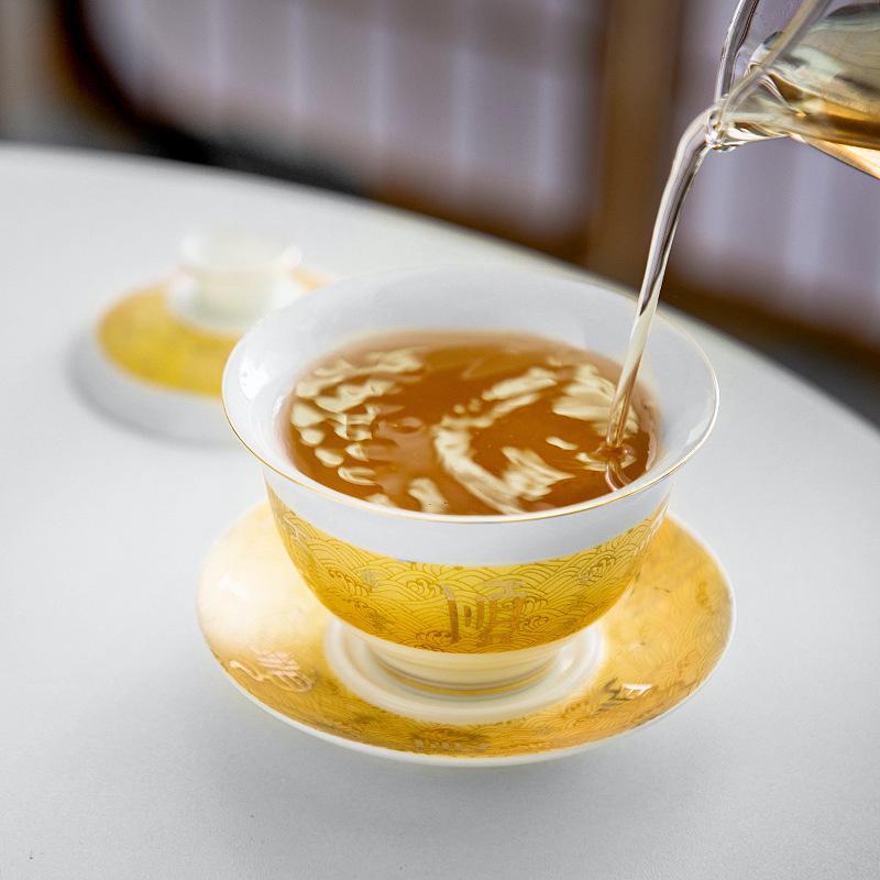 Jade Ceramic with Enamel Color, Palace Style, Household and Office Tea Set, Large Three-Talent Gaiwan