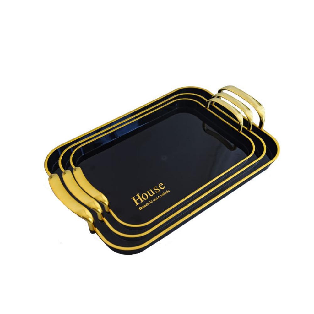 3PCS Golden Handle Dessert Tray Plastic Afternoon Tea Tray Multi-functional Beverage Plate Fruit