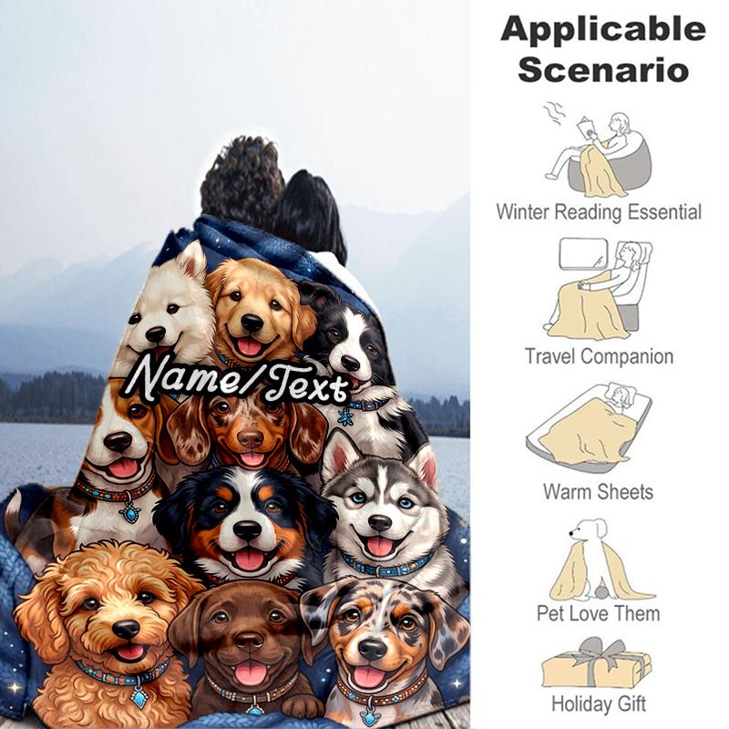 1PC Custom Name Puppy Portrait Collage flannel blanket versatile,all-season throw suitable for the living room,bedroom,camping,travel,and gift