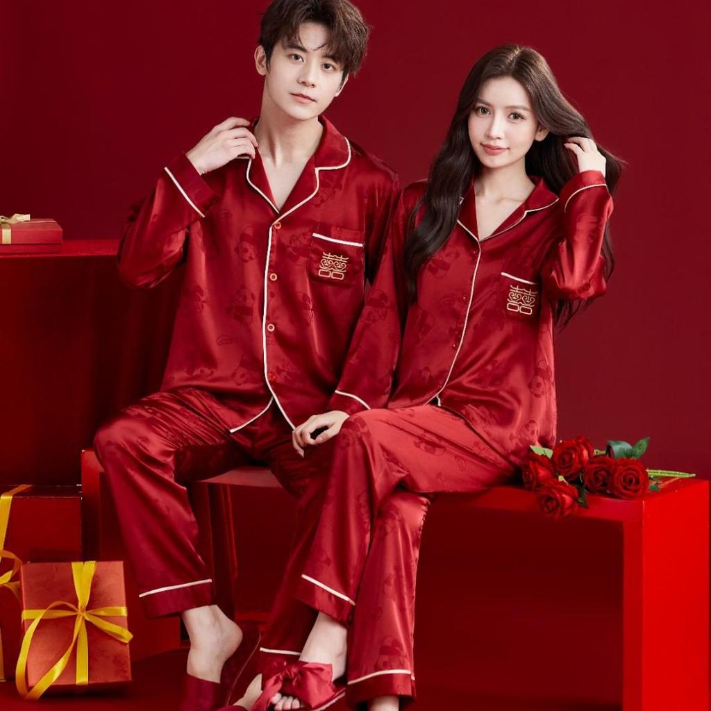 Bright Red Spring-Autumn Panda Jacquard Wedding Pajamas Set for Couples – Festive Plus Size Homewear for Men and Women