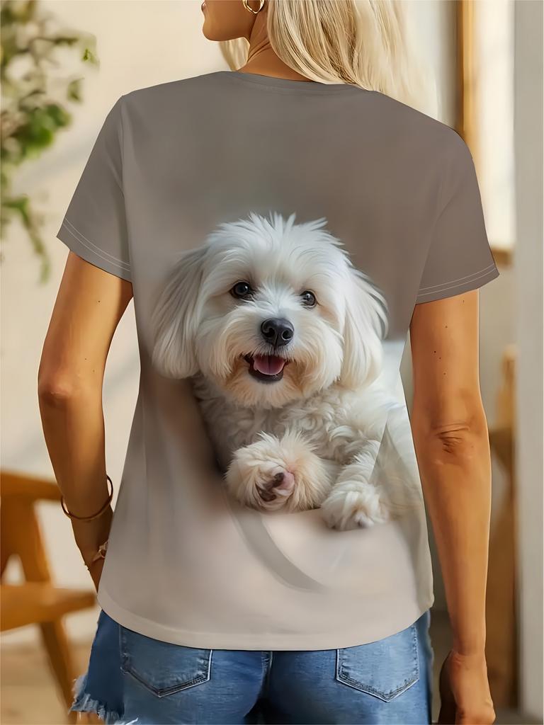 Soft and Cute White Puppy Print T-Shirt for Women. and Gentle Casual Short-Sleeve Top